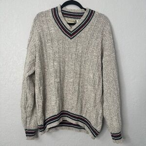 FIELDMASTER vintage Mens Sweater XL Cream Cable Knit V‎ Neck Striped Trim Cotton
